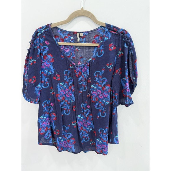 new directions Tops - New Directions Peasant Blouse Small Navy Blue Floral Boho Flutter Sleeve
